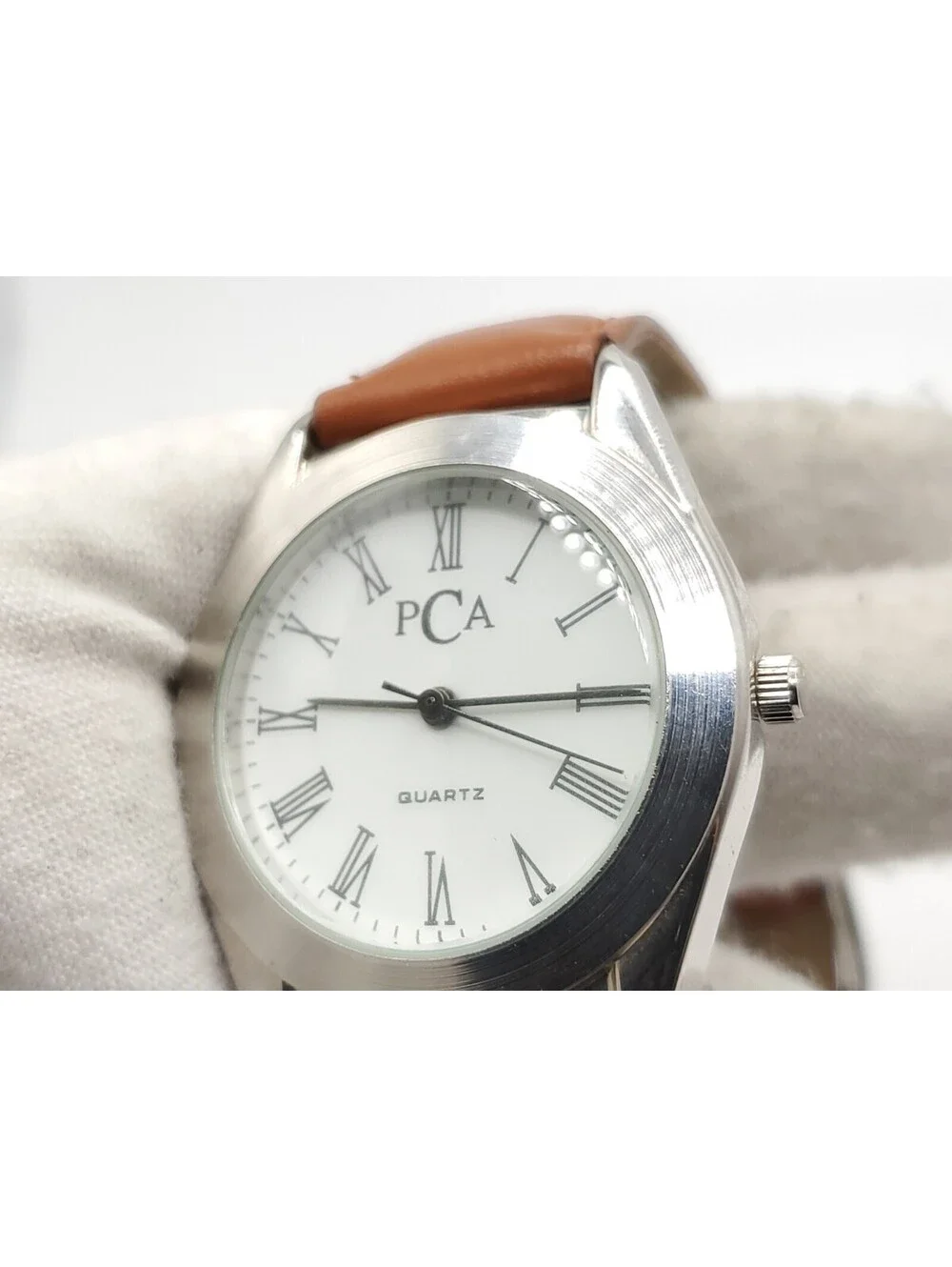 PCA Wristwatch Brown Leather Band Analog Quartz Wrist Watch New Battery 34mm